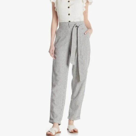 Max Studio Striped Linen Rayon Cropped Waist Tie High Waisted Pants Trousers - Picture 1 of 9